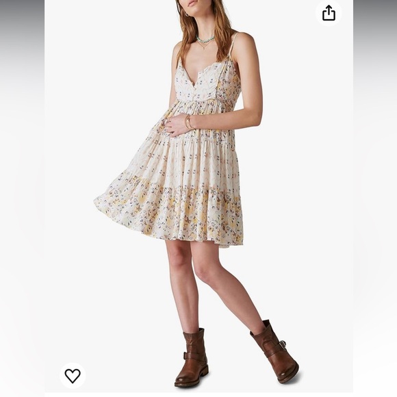 Lucky Brand Babydoll Tiered Sundress: Cream Pink Gold Taupe Mixed Media Print - Picture 1 of 16